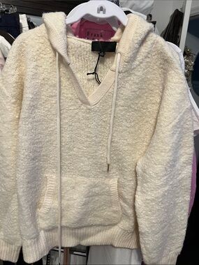 Nili Lotan Cream Bouclé V-Neck Hoodie Sweater